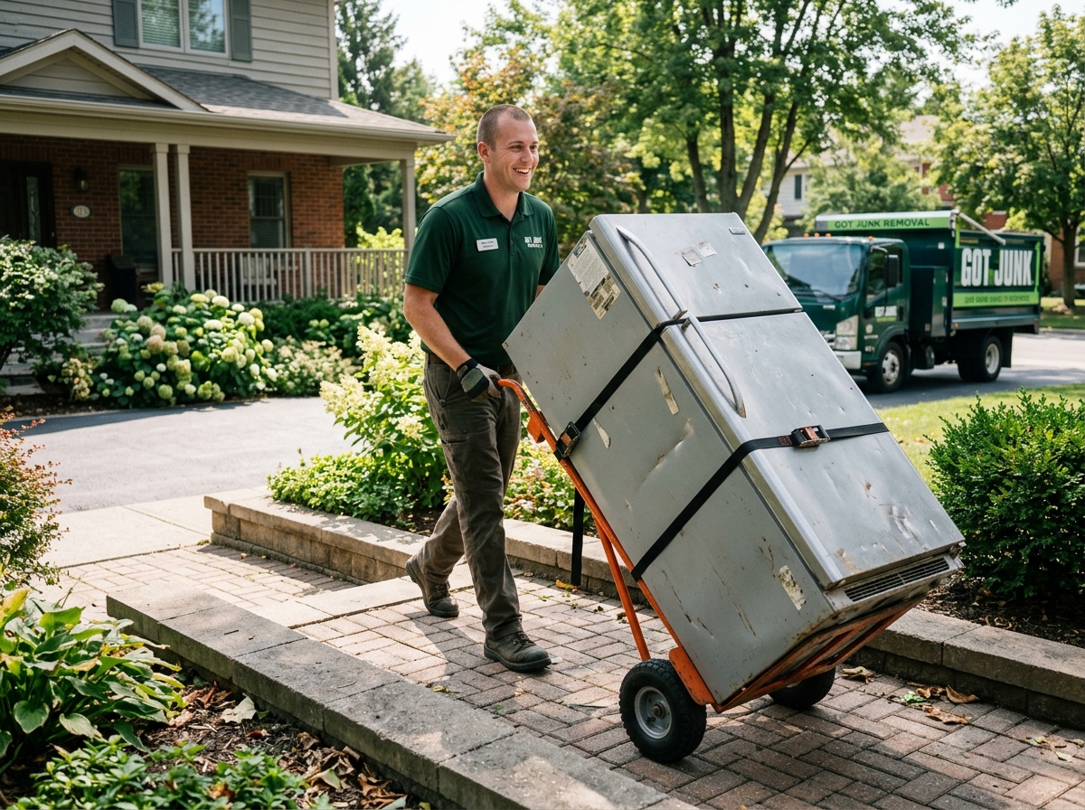 Technician safely moving an old refrigerator with a heavy-duty appliance dolly down walkway in Montclair NJ