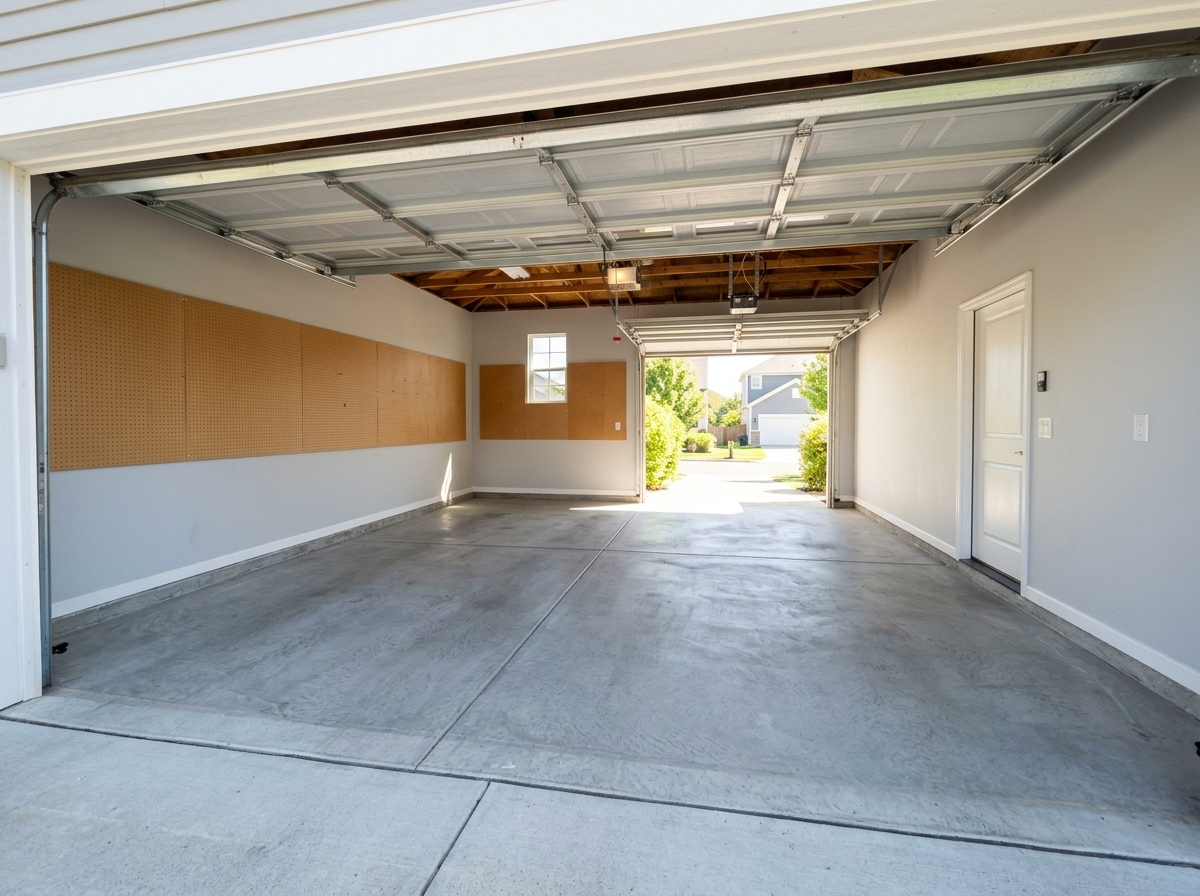 Pristine, clean swept two-car residential garage with empty concrete floors after junk removal service in Clifton NJ