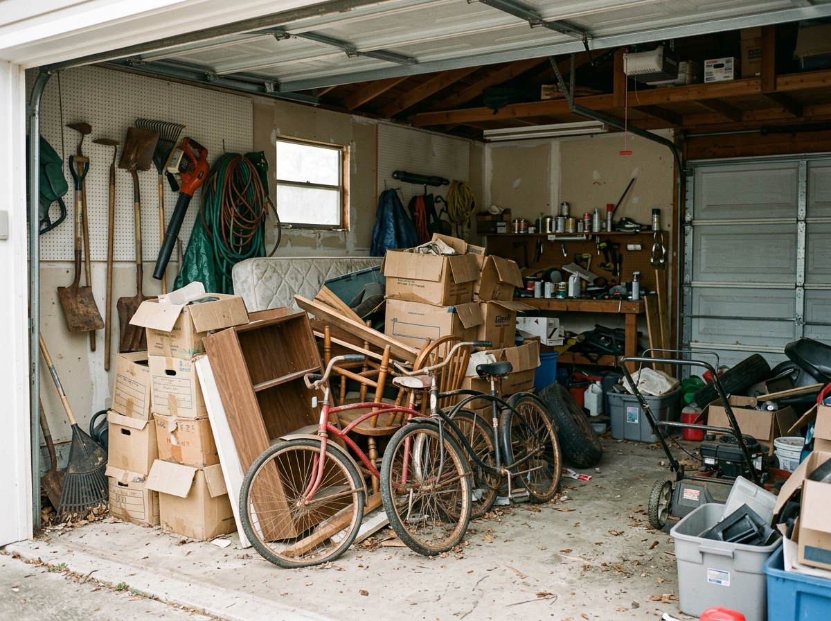 Cluttered two-car garage packed with old bicycles, broken wooden furniture, cardboard boxes, and scrap metal before cleanup