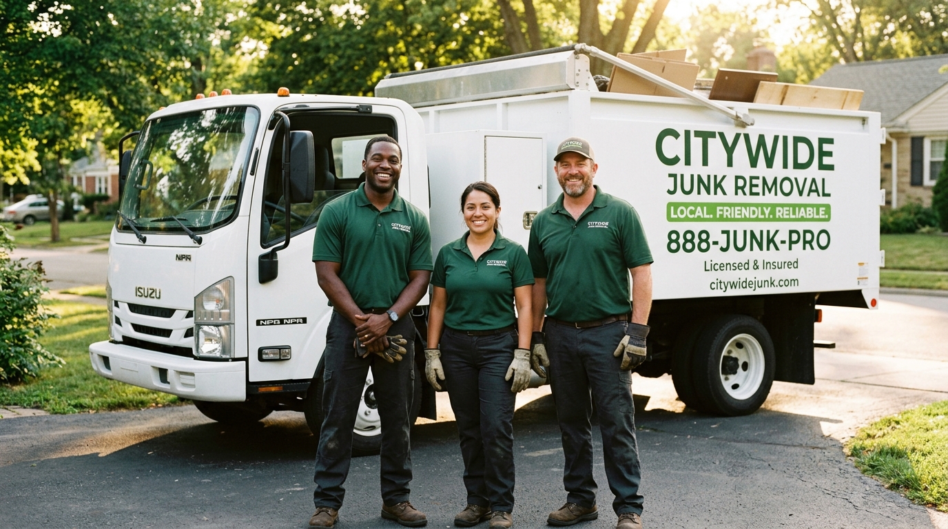 Smiling three-person Amazing Junk Removal crew standing in front of their clean hauling truck in Clifton NJ