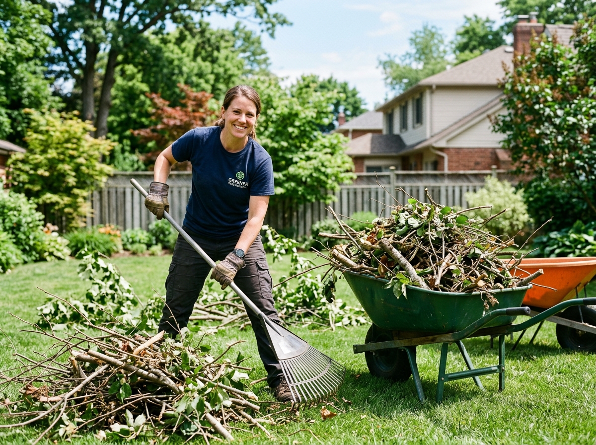 Crew member raking and loading tree branches and brush piles onto a green lawn in Wayne NJ
